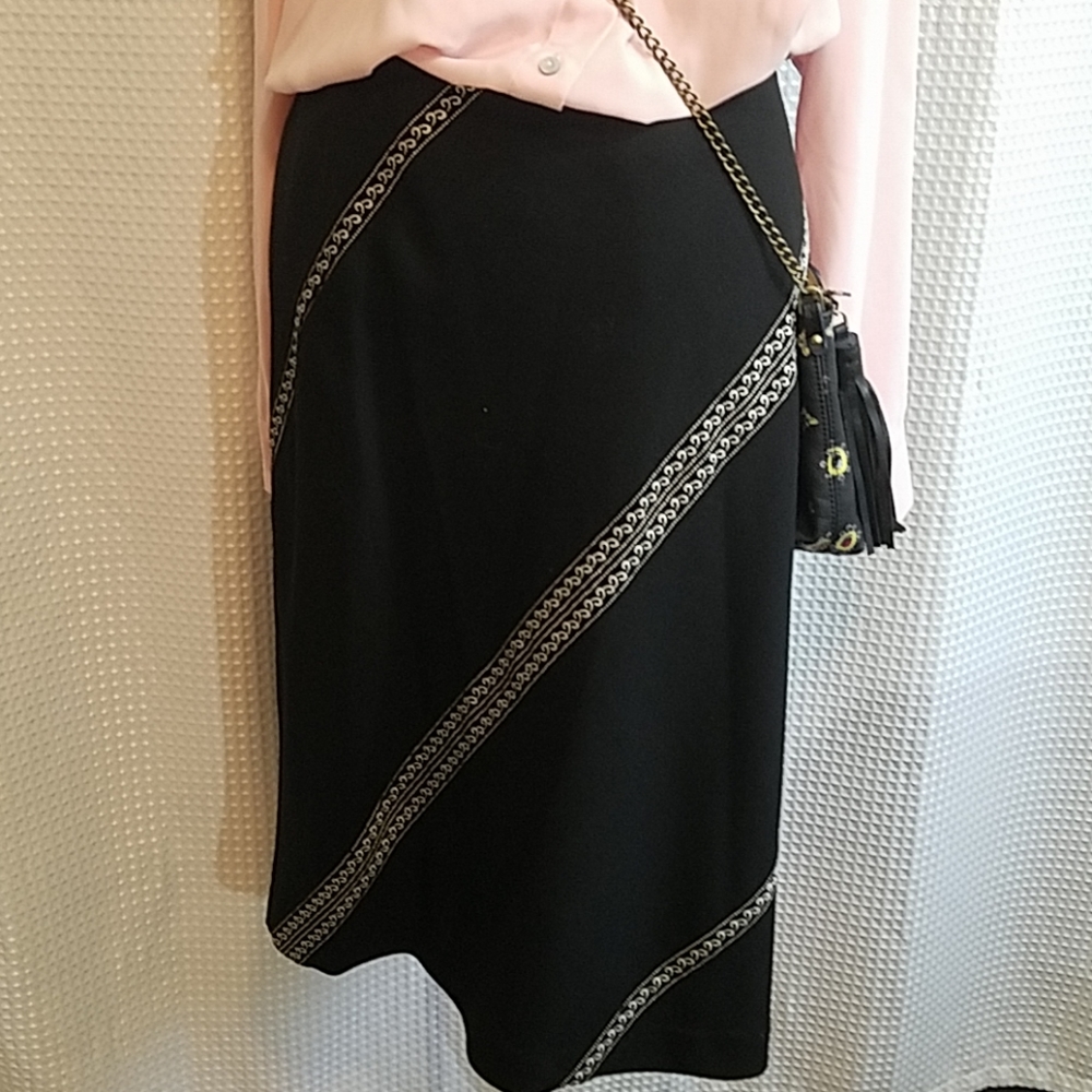 Ann Taylor LOFT black wool Skirt white stitching detail accent side zipper